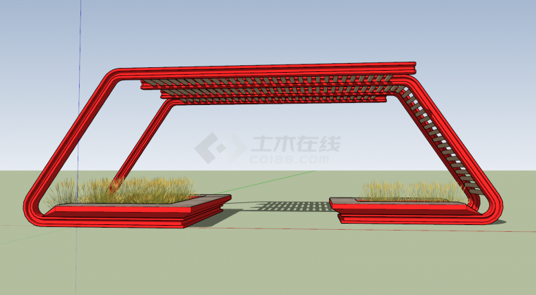 红色梯形简约异形廊架su模型-图一