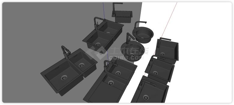 黑色双槽单槽圆形槽厨房器材SU模型-图二