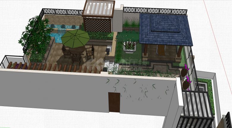 木质尖顶休息亭绿竹墙流水小景精致庭院su模型-图二