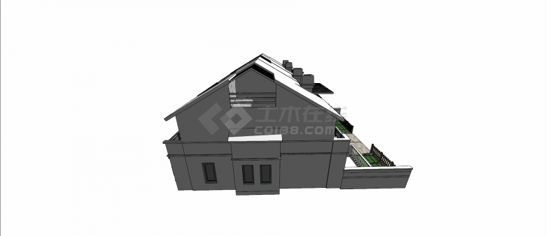 中式坡顶带阳台联排别墅su模型-图二