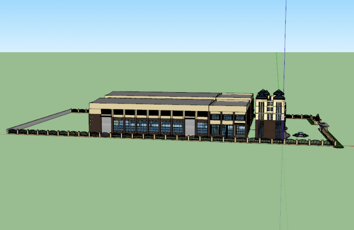 黑色高大的办公楼和两栋整齐排列的办公厂房su模型_图1