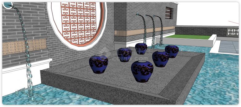 蓝色花瓶装饰流水瀑布景墙su模型-图二