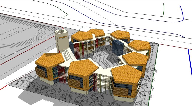 黄色外墙和屋顶蜂巢布局幼儿园su模型-图二
