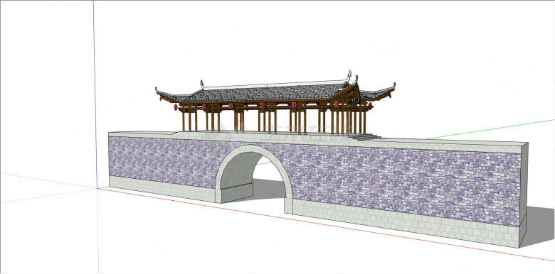 中式木制异状廊桥 su模型-图一