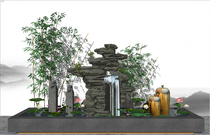 荷花水池竹子中式风格景墙su模型_图1