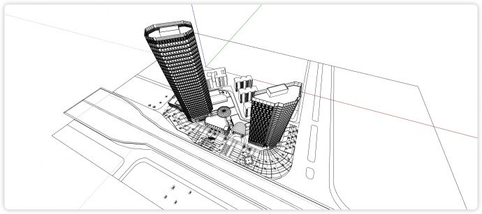 两栋高楼建筑配矮层商业街su模型_图1