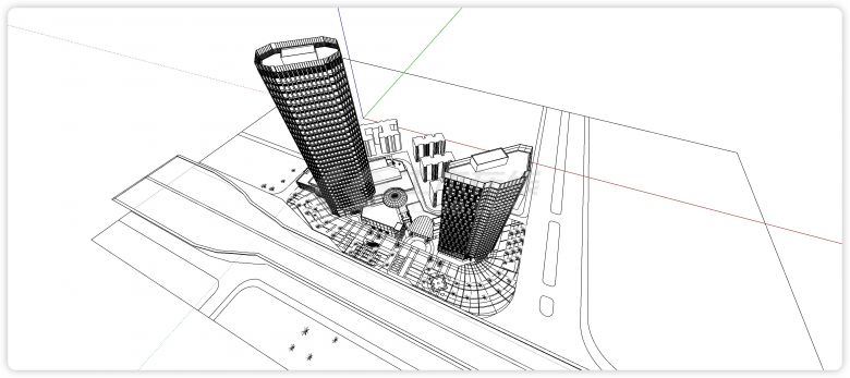 两栋高楼建筑配矮层商业街su模型-图一