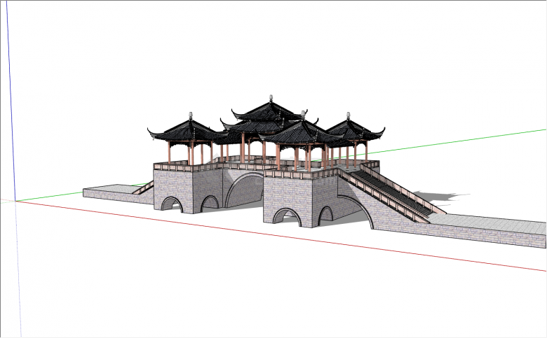 石质基底上设计5个木质小亭的中式廊桥 su模型-图一