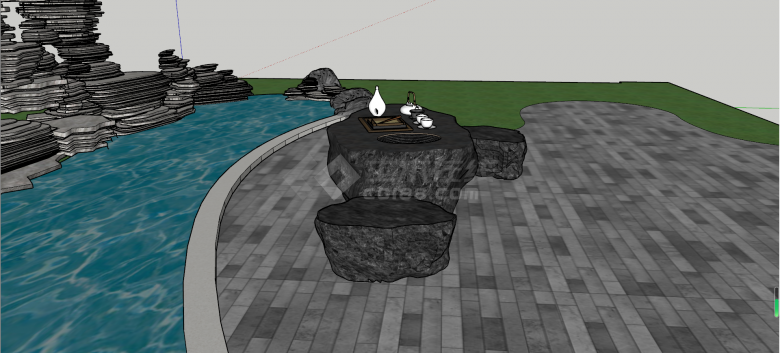 黑色异形黑青石石桌石凳su模型-图二