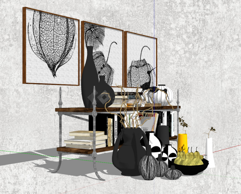 黑白现代抽象精致花瓶水果挂画摆件组合su模型-图二