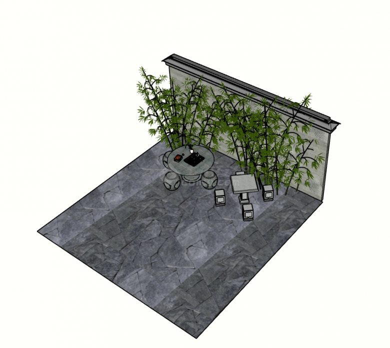 带竹子和背景墙的石桌石凳su模型-图二