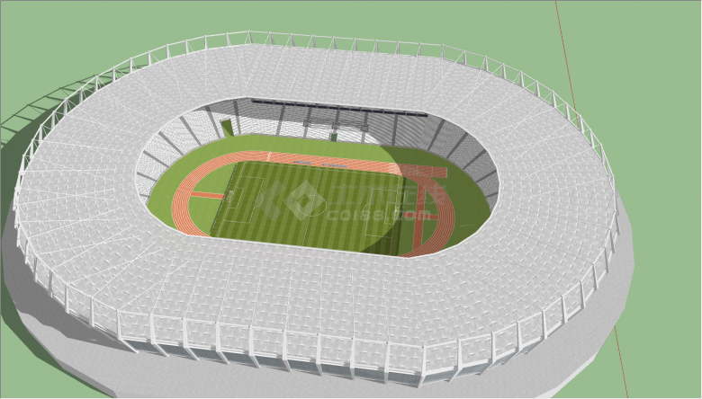 带有灰白色的外形和看台座椅橘红色跑道的足球场su模型-图一
