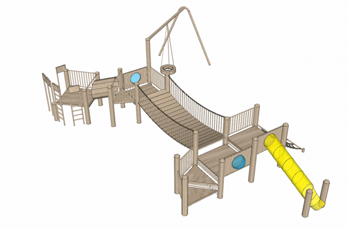 实木带有秋千吊桥滑滑梯的儿童活动场地su模型_图1