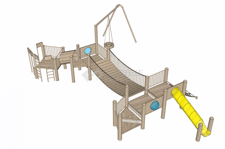 实木带有秋千吊桥滑滑梯的儿童活动场地su模型-图一