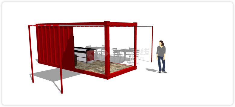红色元素开放式酒吧集装箱SU模型-图二