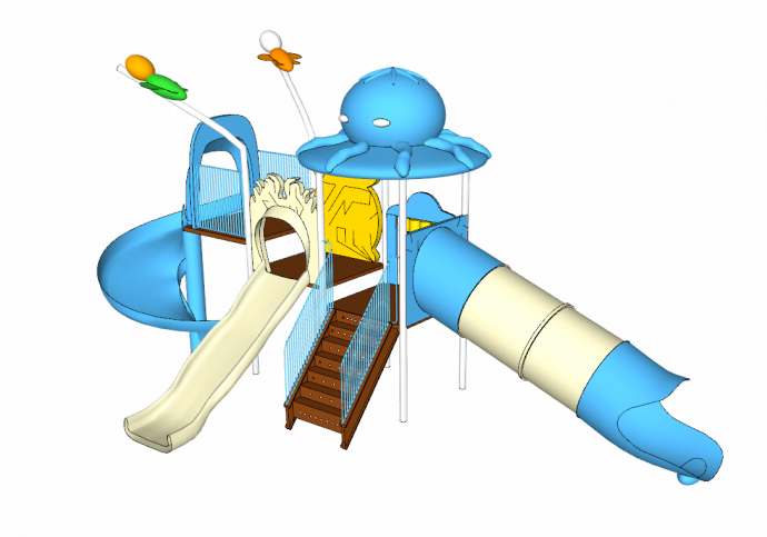带有蓝色带有水母顶棚的旋转滑滑梯和直筒滑滑梯的儿童活动场地 su模型_图1