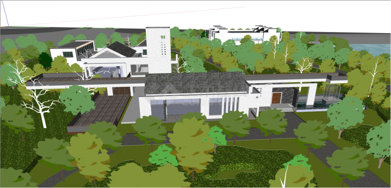 新中式滨河公园建筑su模型-图二