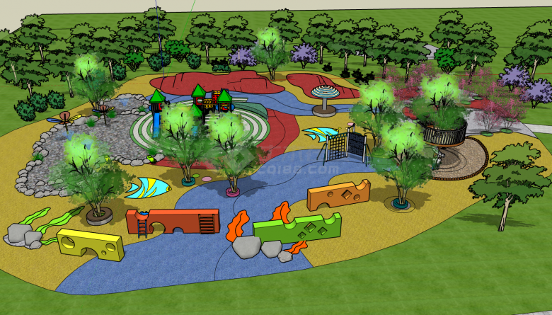 海草和小雨装饰画地面和喷水池儿童活动场地su模型-图二