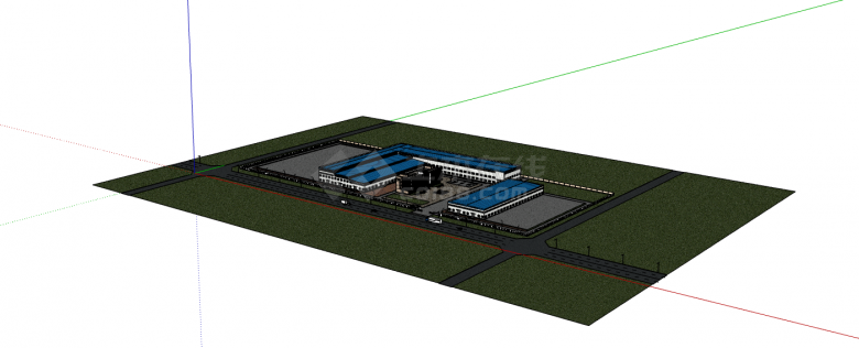 带草坪蓝颜色房子的工业园su模型-图二