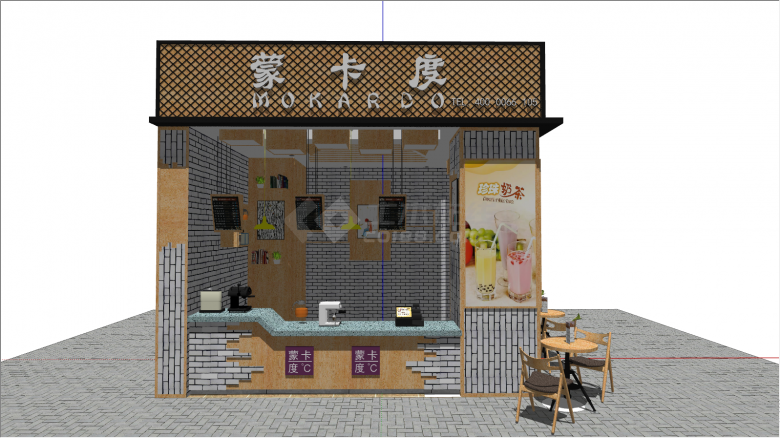 褐色砖墙奶茶店建筑su模型-图二