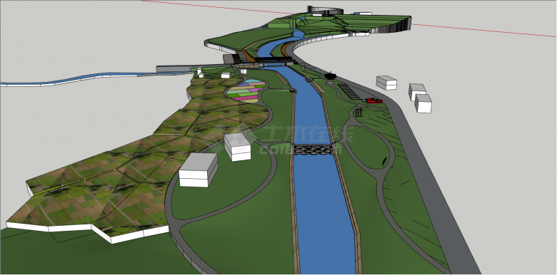 现代沿河边河道景观su模型-图二
