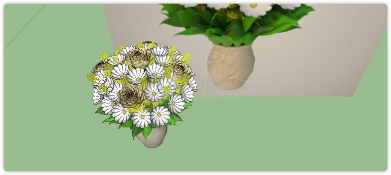 米色圆肚花瓶白色小雏菊室内植物su模型-图二