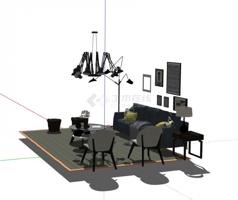 暗色系的轻奢客厅组合su模型-图二