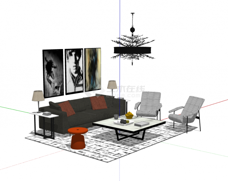 带有黑色沙发轻奢客厅组合 su模型-图二