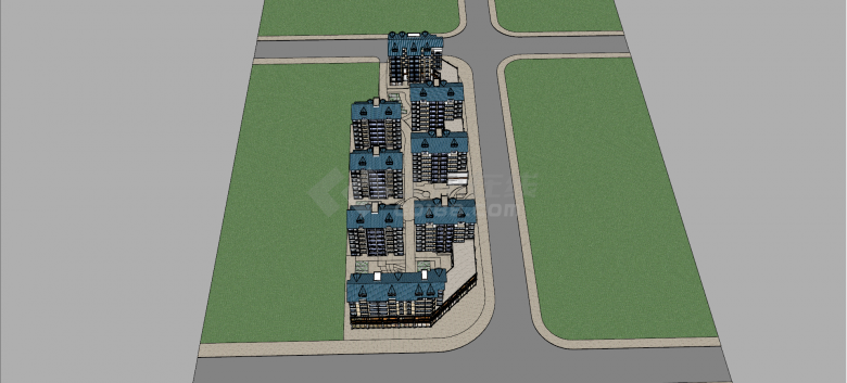 蓝色坡顶双色墙体住宅小区su模型-图二
