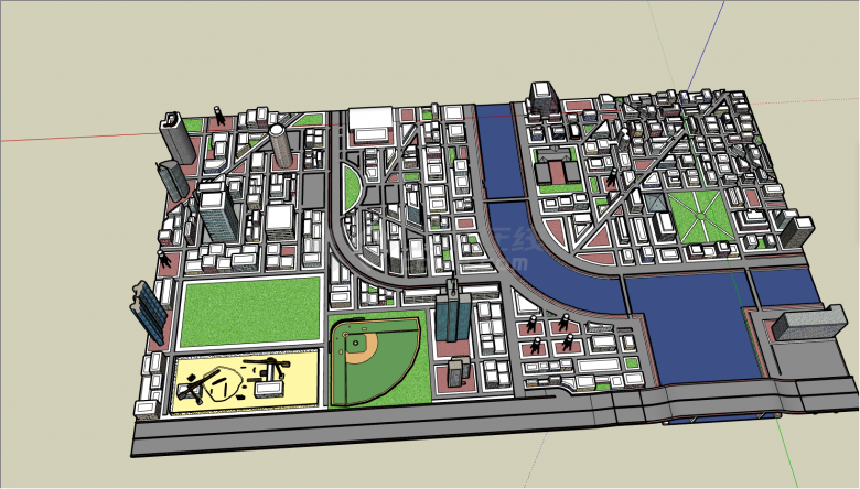 有蓝色公路和体育场的城市设计SU模型-图二