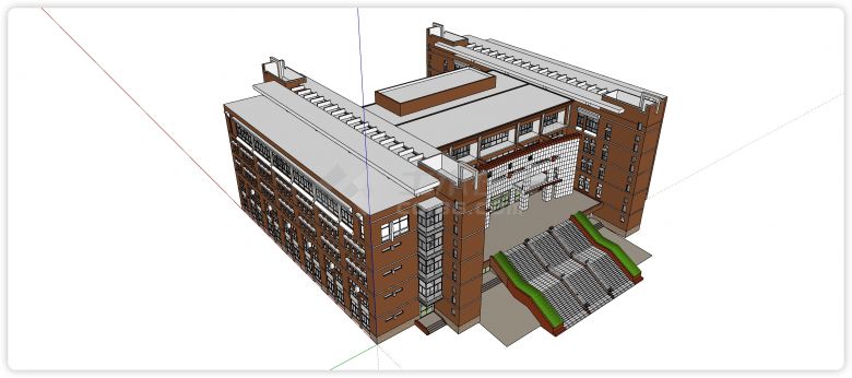 H造型结构红砖主体图书馆su模型-图二