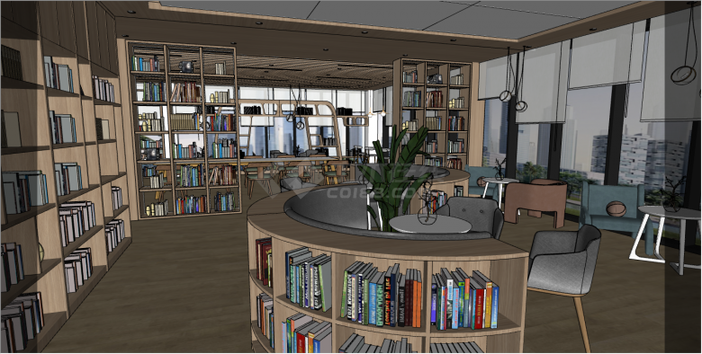 现代图书馆二层场景su模型-图二