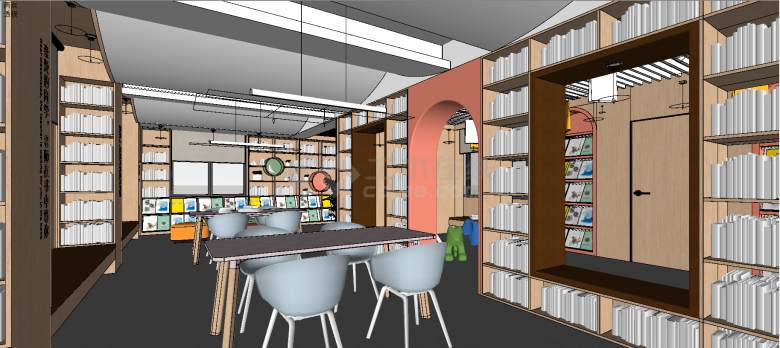 欧式风格书店阅览室一体化设计su模型-图二