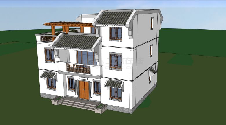 白色外墙三层中式风格独栋别墅SU模型-图一