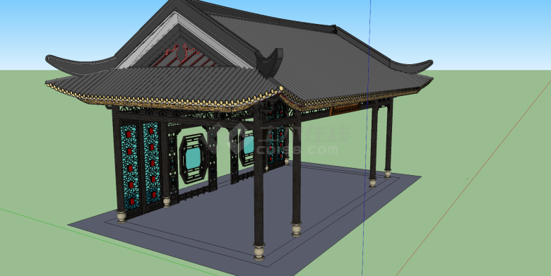 岭南古亭灰色顶雕花外观su模型-图二
