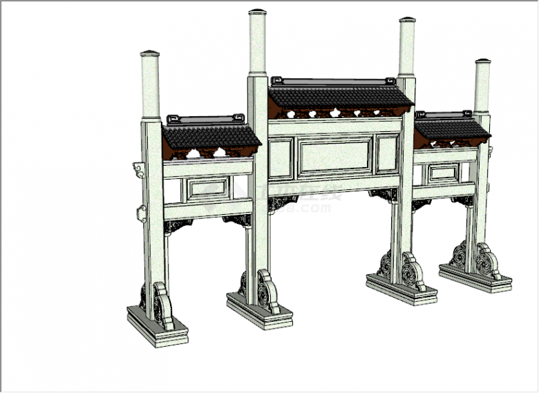 中式经典马头墙白色石雕牌坊su模型-图一