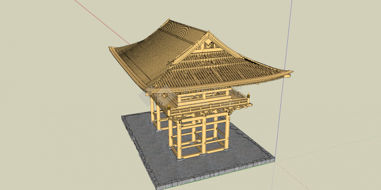 中国式古建筑土黄色su模型-图二