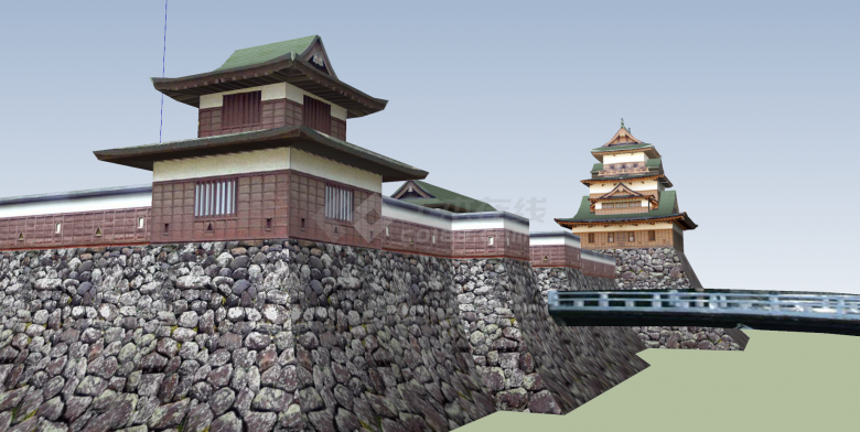 日本古建绿色顶石墙底su模型-图一