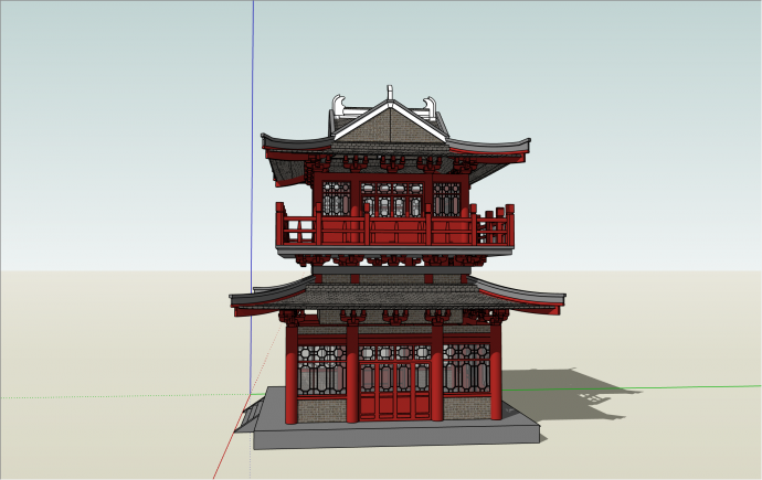 双层砖砌中式唐代阁楼su模型_图1