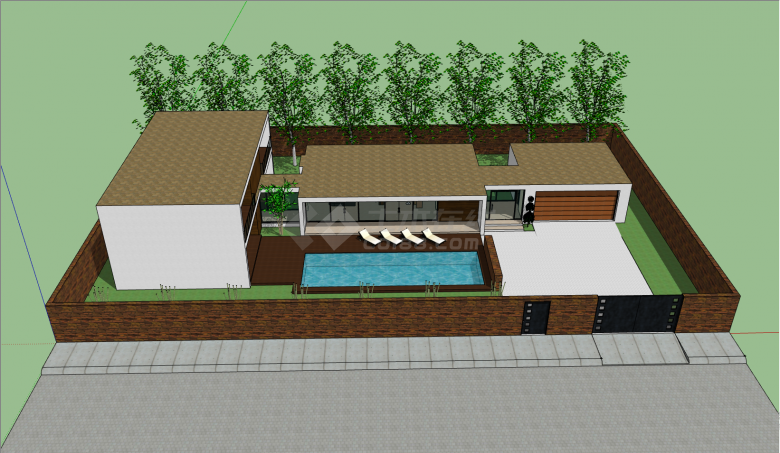 四面围墙带泳池别墅su模型-图二
