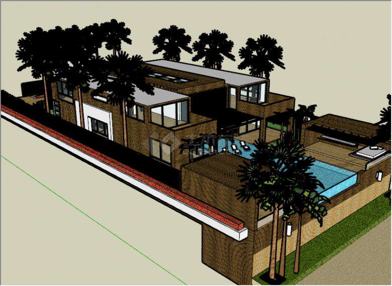 现代风格棕色木质别墅su模型-图二