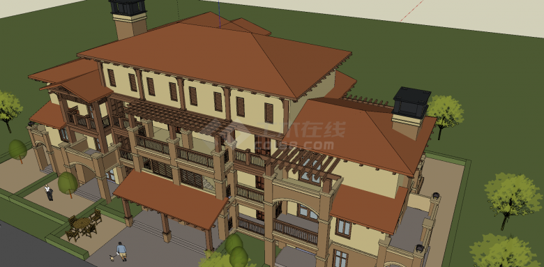三层公寓棕色屋顶su模型-图二
