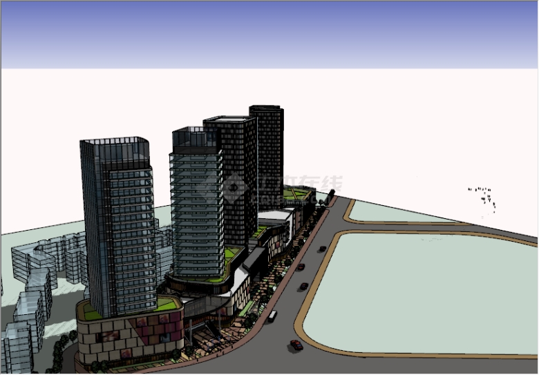 现代高耸玻璃大厦商业综合体建筑su模型-图二