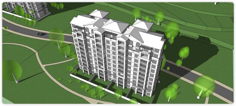 四坡顶拱门造型住宅区项目su模型-图一