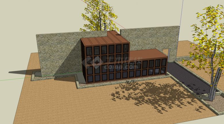 大型石头墙和咖啡色平顶双层别墅su模型-图二