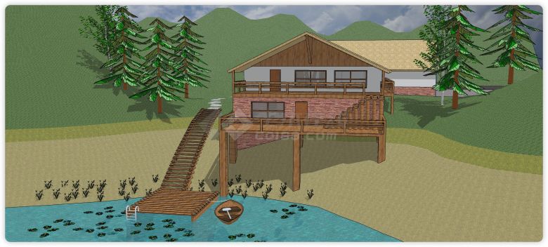 山丘上湖边红色砖和木组合结构木屋su模型-图一