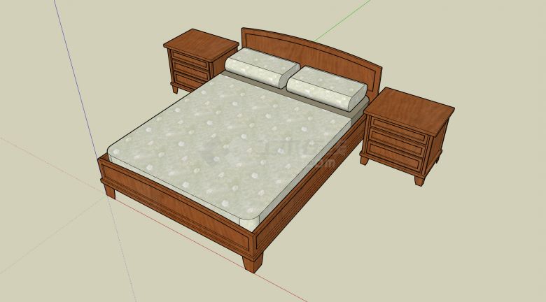 淡绿色带花被单枕套和原木色双人床su模型-图二