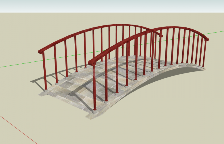 简约红色独守中式风格拱桥su模型-图一
