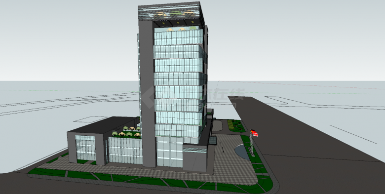 高层办公楼灰色外观蓝色玻璃su模型-图二
