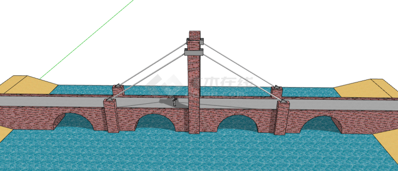 中型红砖水泥悬索桥su模型-图一